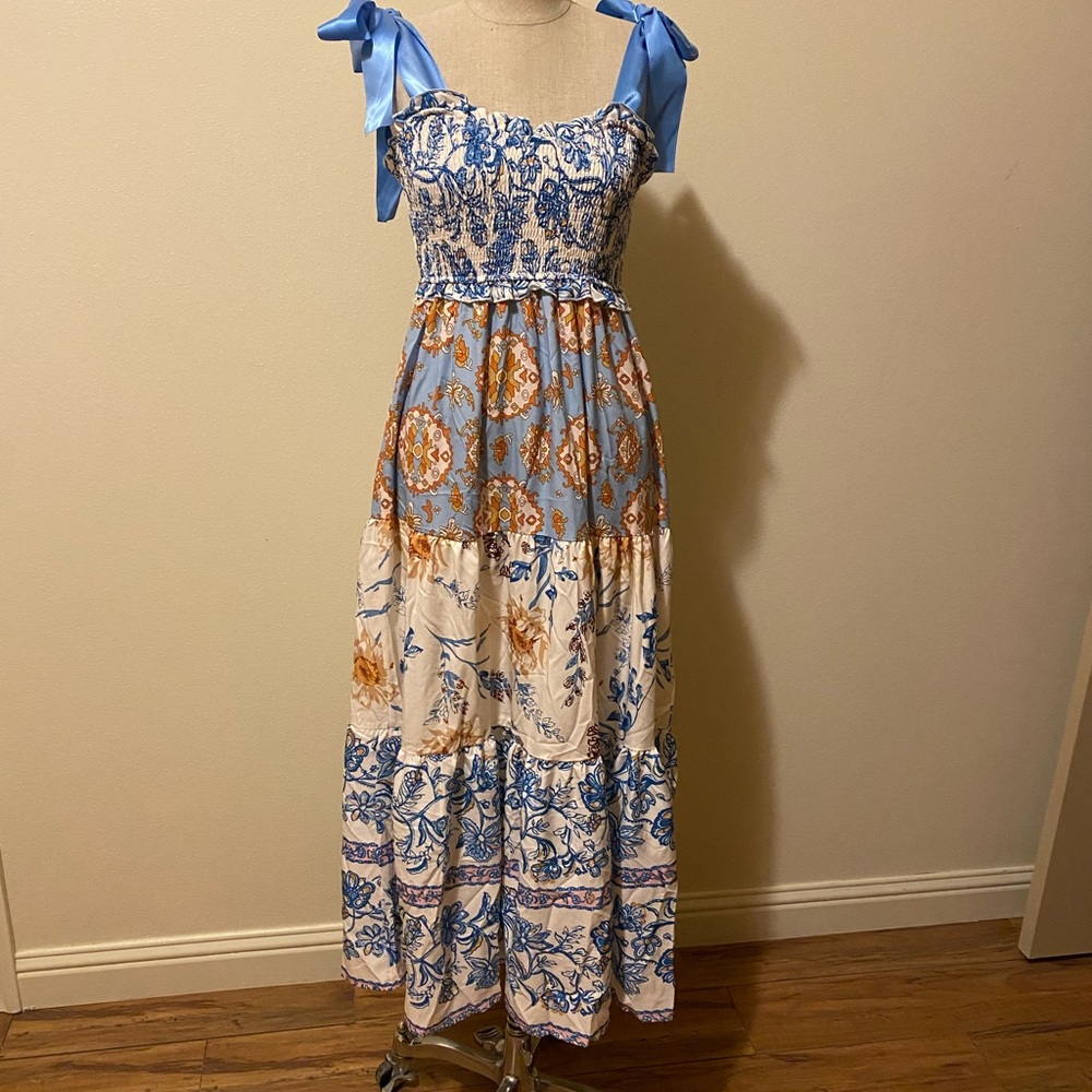 Blue and White Floral Tiered Maxi Dress with Tie Straps